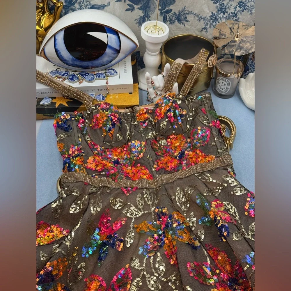 🆕 BRONX & BANCO 🧿 NWOT Mademoiselle Floral Sequin Fit-&-Flare Dress Sz XS US 2 - Picture 12 of 16